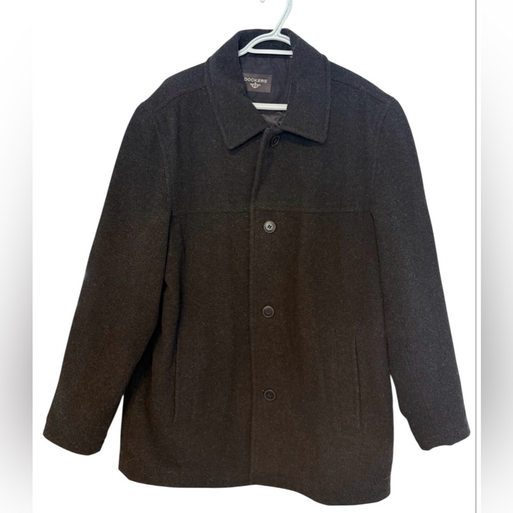 Dockers Men's Wool Blend Button Down Collared Car Coat Charcoal Black SzL